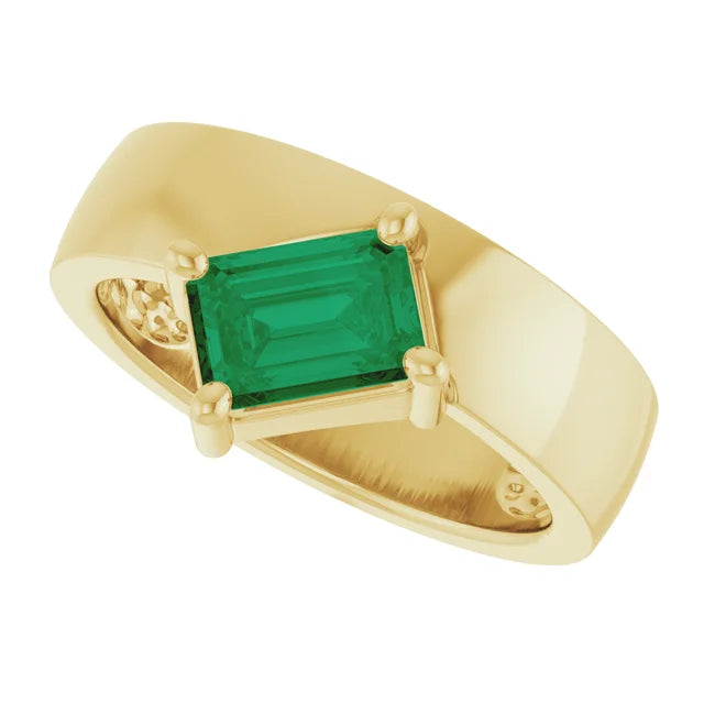 14K Yellow Gold Lab-Grown Emerald Asymmetric Solitaire Ring
