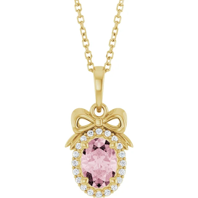 14K Yellow Gold Natural Pink Morganite & Natural Diamond Bow 16-18" Necklace