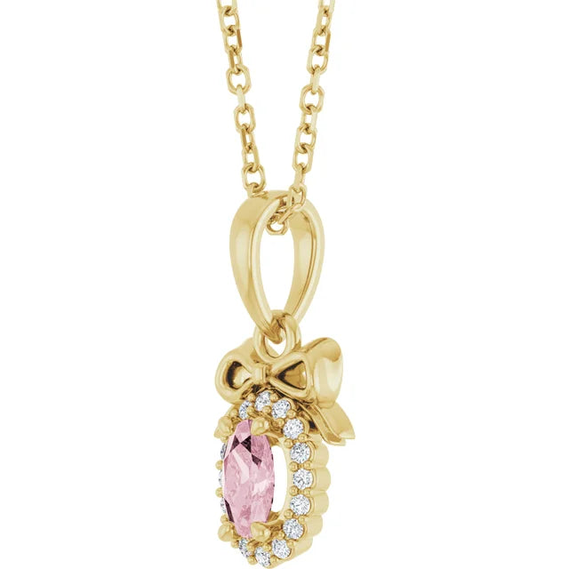 14K Yellow Gold Natural Pink Morganite & Natural Diamond Bow 16-18" Necklace
