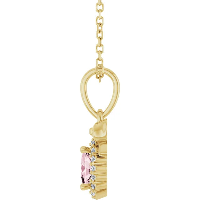 14K Yellow Gold Natural Pink Morganite & Natural Diamond Bow 16-18" Necklace