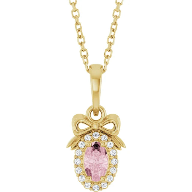 14K Yellow Gold Natural Pink Morganite & Natural Diamond Bow 16-18" Necklace