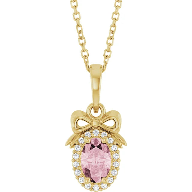 14K Yellow Gold Natural Pink Morganite & Natural Diamond Bow 16-18" Necklace