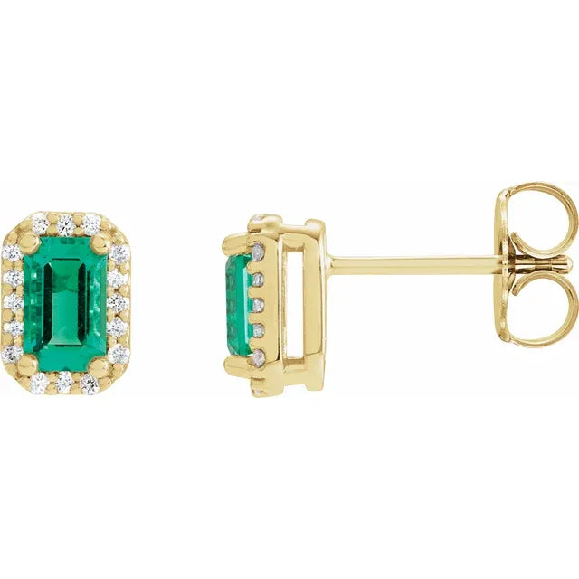 14K Yellow Gold Lab-Grown Emerald & .07 CTW Natural Diamond Halo-Style Earrings