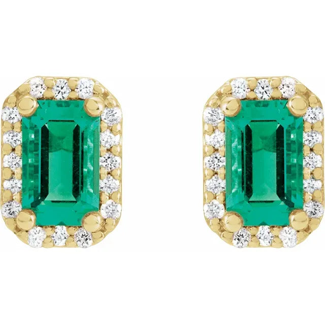 14K Yellow Gold Lab-Grown Emerald & .07 CTW Natural Diamond Halo-Style Earrings