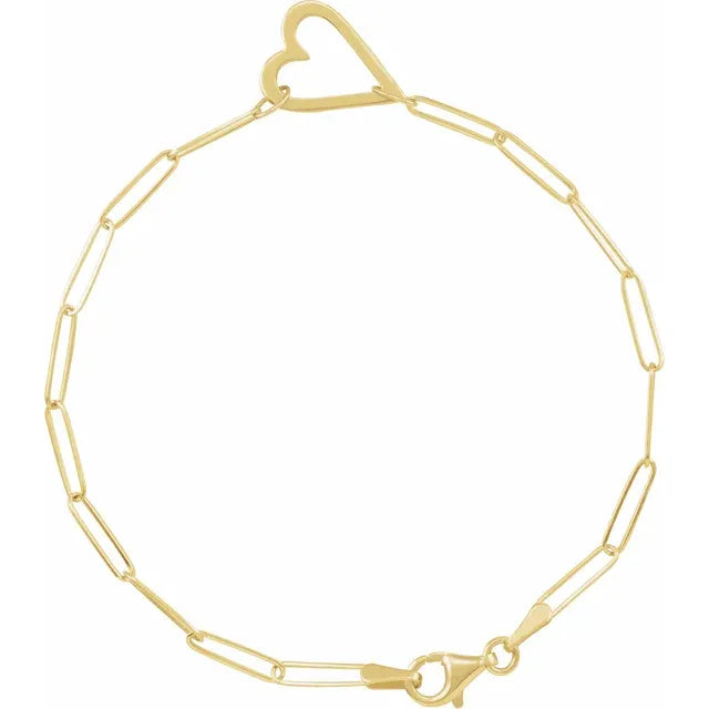 14K Yellow Gold Heart & Paperclip-Style Chain 7" Bracelet