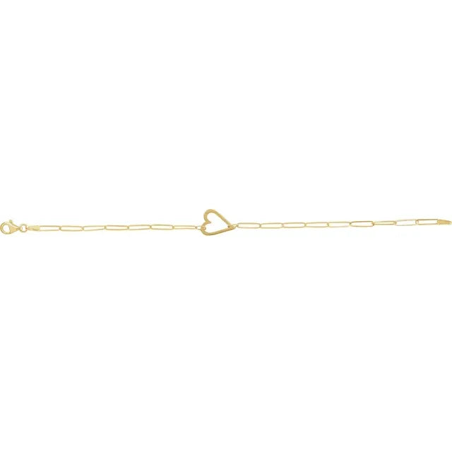 14K Yellow Gold Heart & Paperclip-Style Chain 7" Bracelet