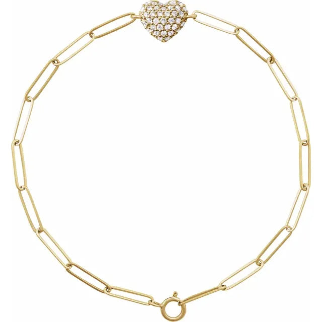 14K Yellow Gold 1/3 CTW Natural Diamond Heart & Paperclip-Style 7" Bracelet