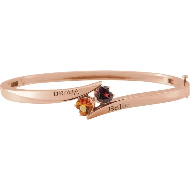 14K Rose Gold 6x6 mm Heart 2-Stone Love Bangle™ Engravable Family 8" Bracelet Mounting