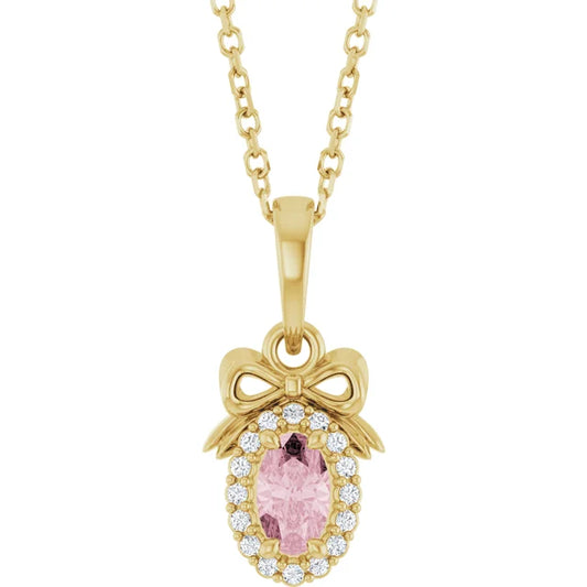 14K Yellow Gold Natural Pink Morganite & Natural Diamond Bow 16-18" Necklace
