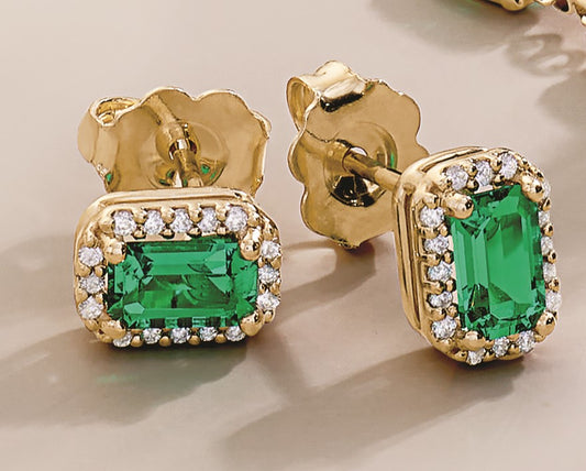 14K Yellow Gold Lab-Grown Emerald & .07 CTW Natural Diamond Halo-Style Earrings
