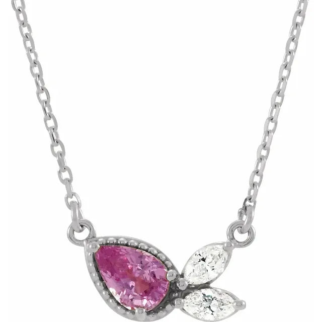 14K White Gold Natural Pink Sapphire & 1/6 CTW Natural Diamond Necklace